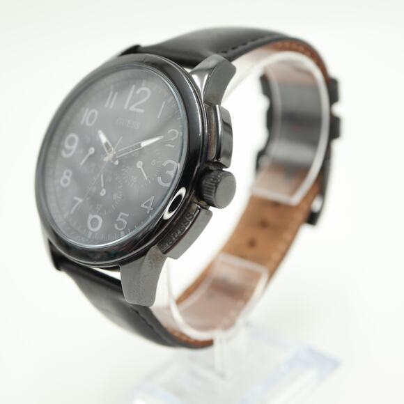 Guess Mens Black Jumbo 46mm Calendar Watch Stealth Leather Strap w New Battery - Picture 11 of 16